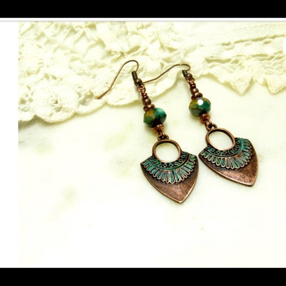 ONE OF A KIND ArtisanTurquoise & Copper Designer Earrings - Picture 4 of 5